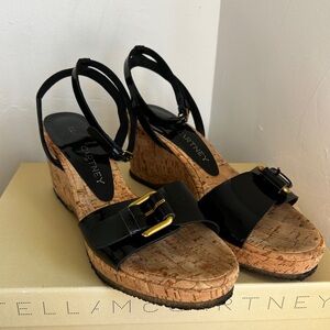 Stella McCartney Morgana Cork Wedge Sandals Black Patent Ankle Strap Size 7.5